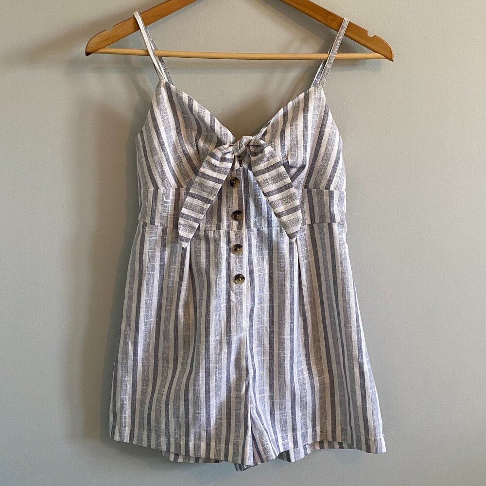 NWOT Blue Striped Romper with Bow Cutout Summer Vacation Cotton Babydoll Buttons